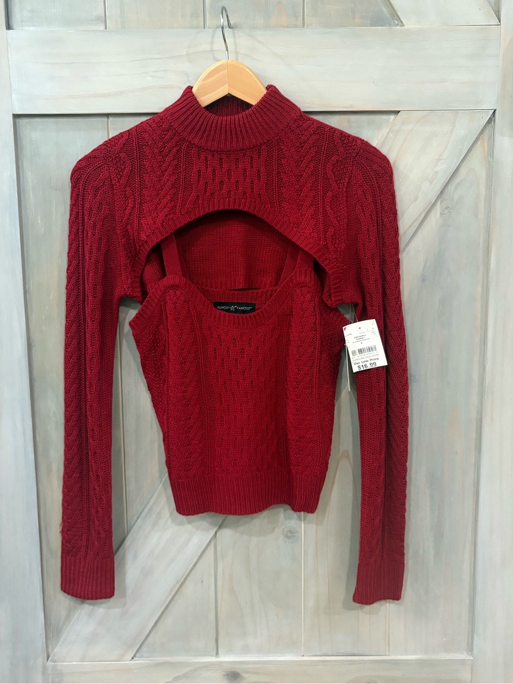 Crimson Red Cable-Knit Layered Mock-Neck Sweater Set